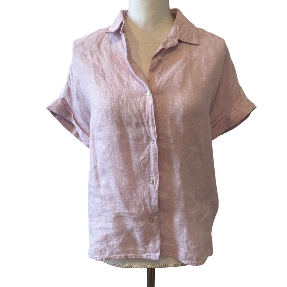 Tahari Short Sleeve Linen Button Down Shirt Lilac S